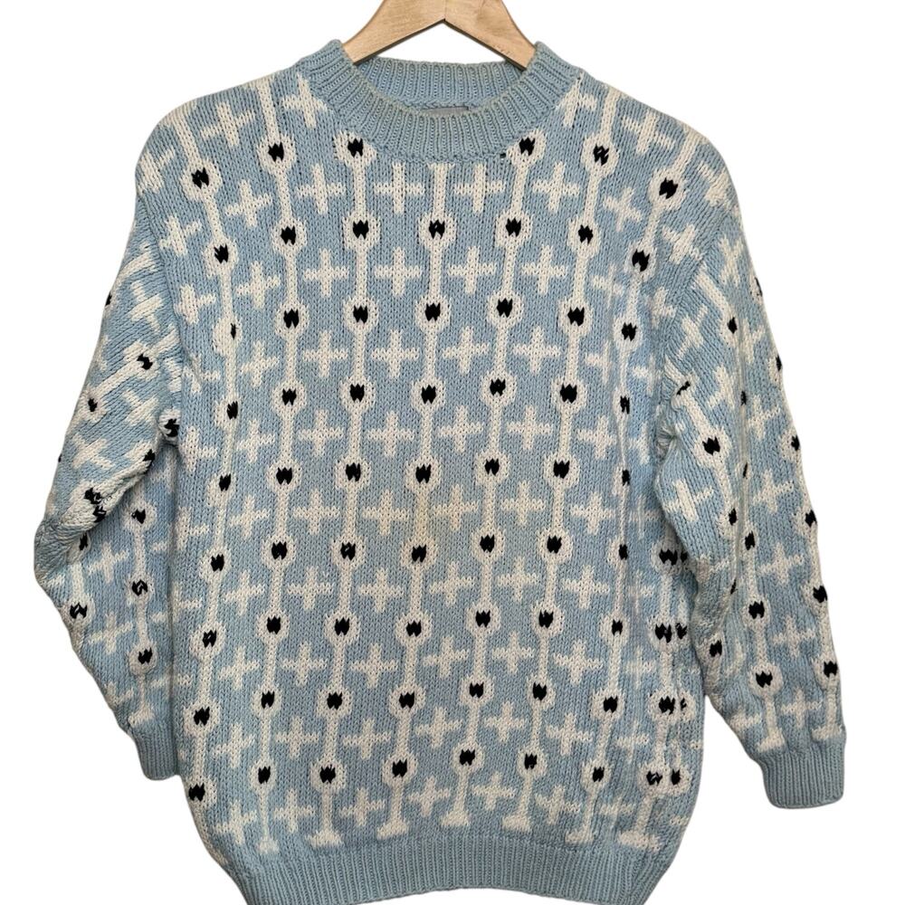 1980;s Esprit Collection 100% Cotton Medium Blue Abstract Knit Pullover Sweater
